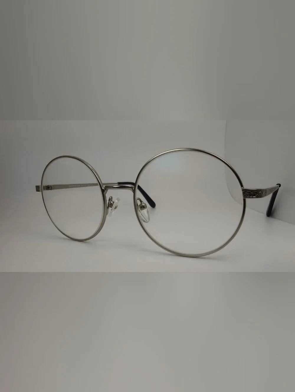 Inscription. Classic Round Silver Metal Glasses. Matsuda Type Decor Temple.